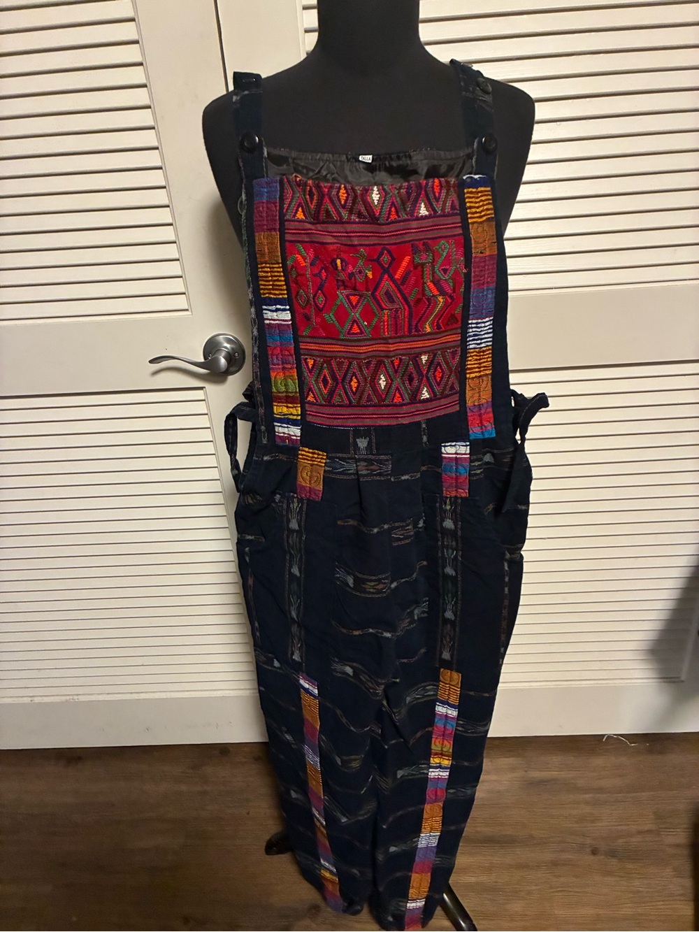 Navy Women's Embroidered Boho Overalls with Multicolor Panel